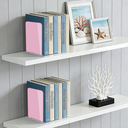 Solid Light Pink Acrylic Bookends 2PCS, Book Ends for Shelves, Holder Stand Decorative Stoppers for Heavy Duty Books, CD, File, Video Games