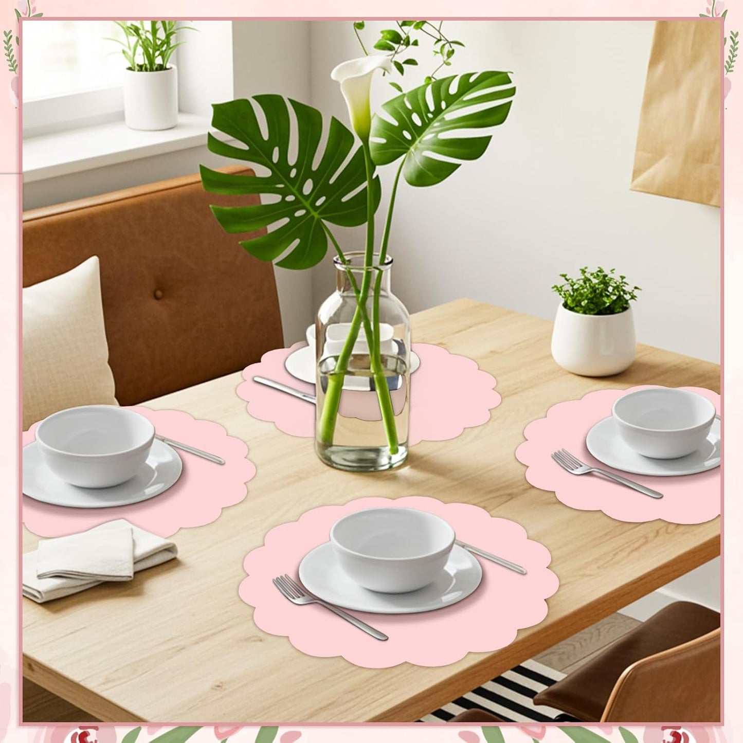 120 Pcs Light Pink Paper Placemats, 13.5 Inch Disposable Scalloped Placemat Round Table Place Mats Decorative Paper for Girls Birthday Wedding Bridal Shower Baby Shower Banquet Tea Party