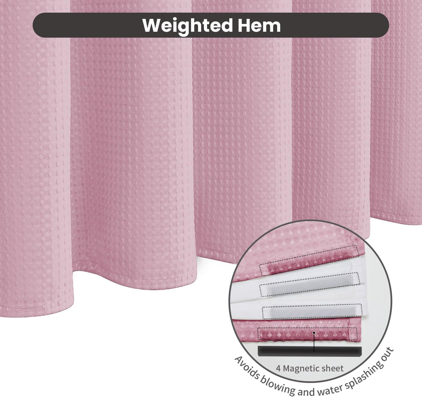 Inhousolu No Hook Shower Curtain with Removable Snap-in Liner, Waffle Weave 230 GSM Polyester, Weighted Hem, Water Repellent Washable, 72 x 72 Inch, Pink