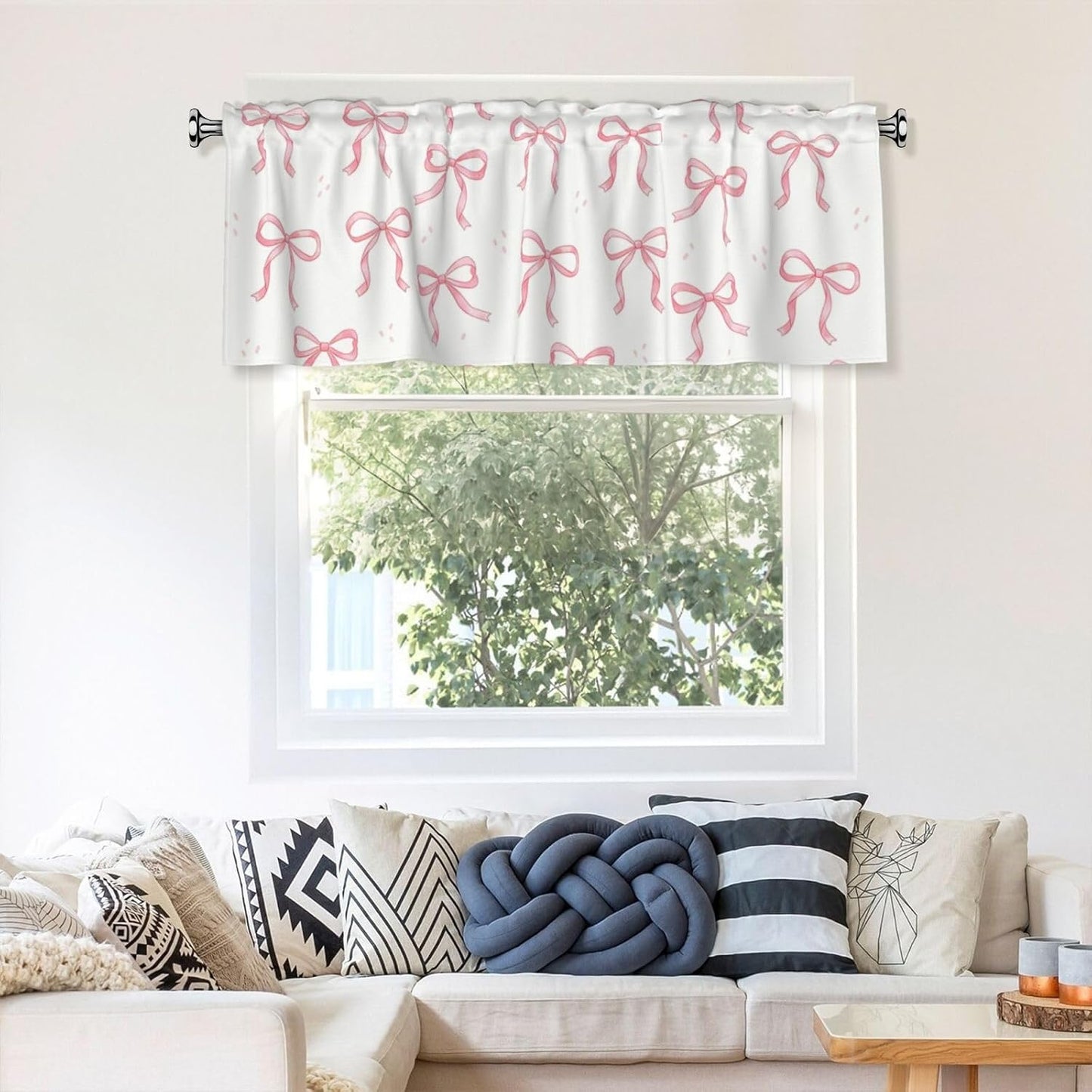 2 Pack Pink Bow Valances for Windows, Rod Pocket Valance for Windows Kitchen Living Room Decoration,Kitchen Curtains 52 x 18in