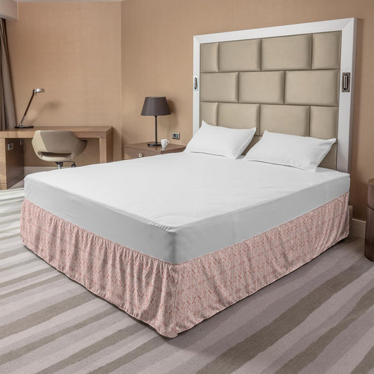 Lunarable Peach Pink Bed Skirt, Lace Looking Like Geometrical Abstract Vertical Arranged Romantic Retro Motifs, Elastic Bedskirt Dust Ruffle Wrap Around for Bedding Decor, King, White Blush