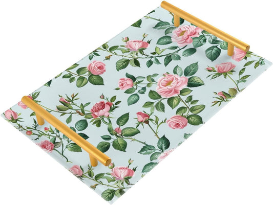 Greenish-Pink Vintage Roses Decorative Serving Trays with Handles Food Tray for Bed for Jewelry Perfume for Food Service charolas para servir Cafe
