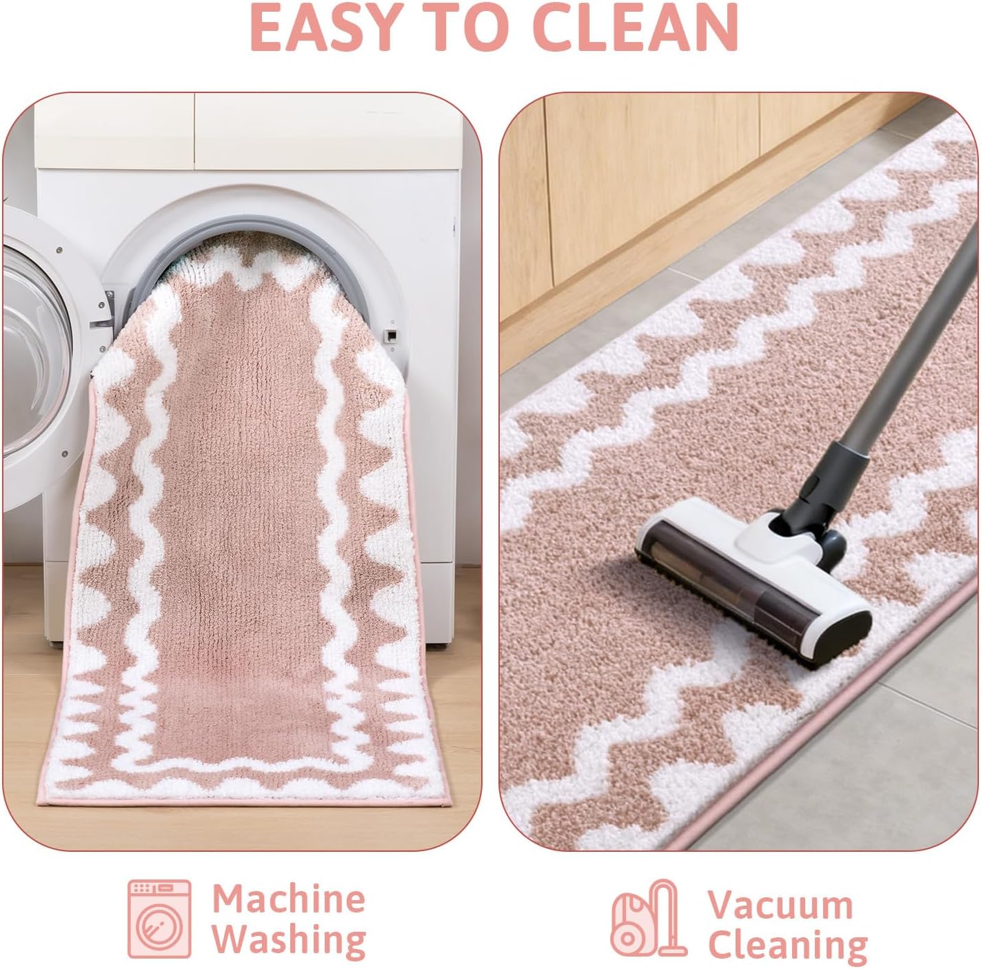Findosom Bathroom Rugs Sets 5 Piece, Absorbent Soft Non-Slip Washable Microfiber Shaggy Bath Mat Set with Bathroom Runner Rug, U-Shaped Toilet Rugs, Shower Rug & Toilet Lid Cover, Pink-White