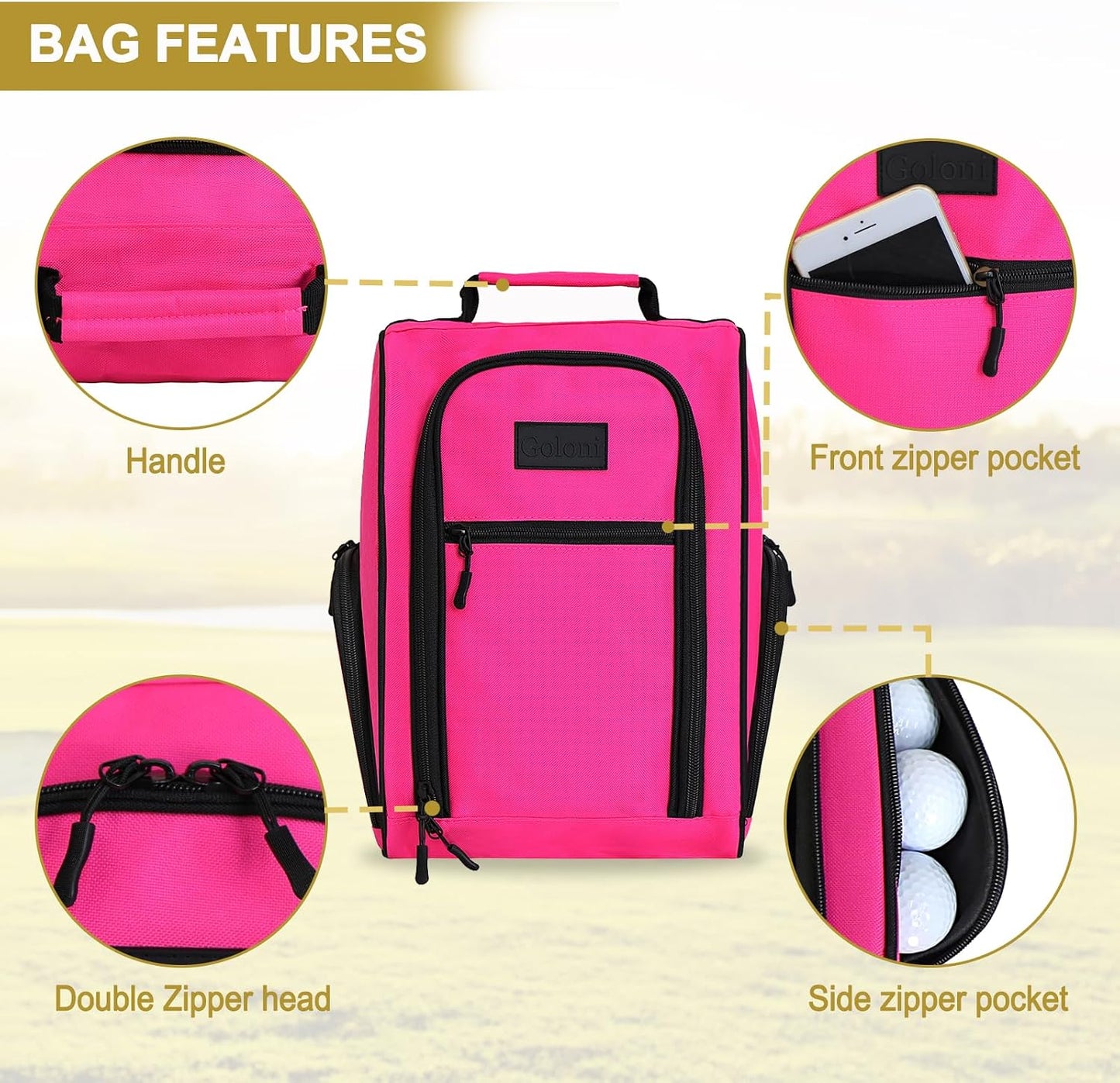 Goloni Golf Shoe Bag for Men Women, Ventilated Golf Shoe Bag with Side Pockets, Lightweight Portable Golf Shoe Carrier for Golf Shoes, Tees, Balls & Accessories,Pink