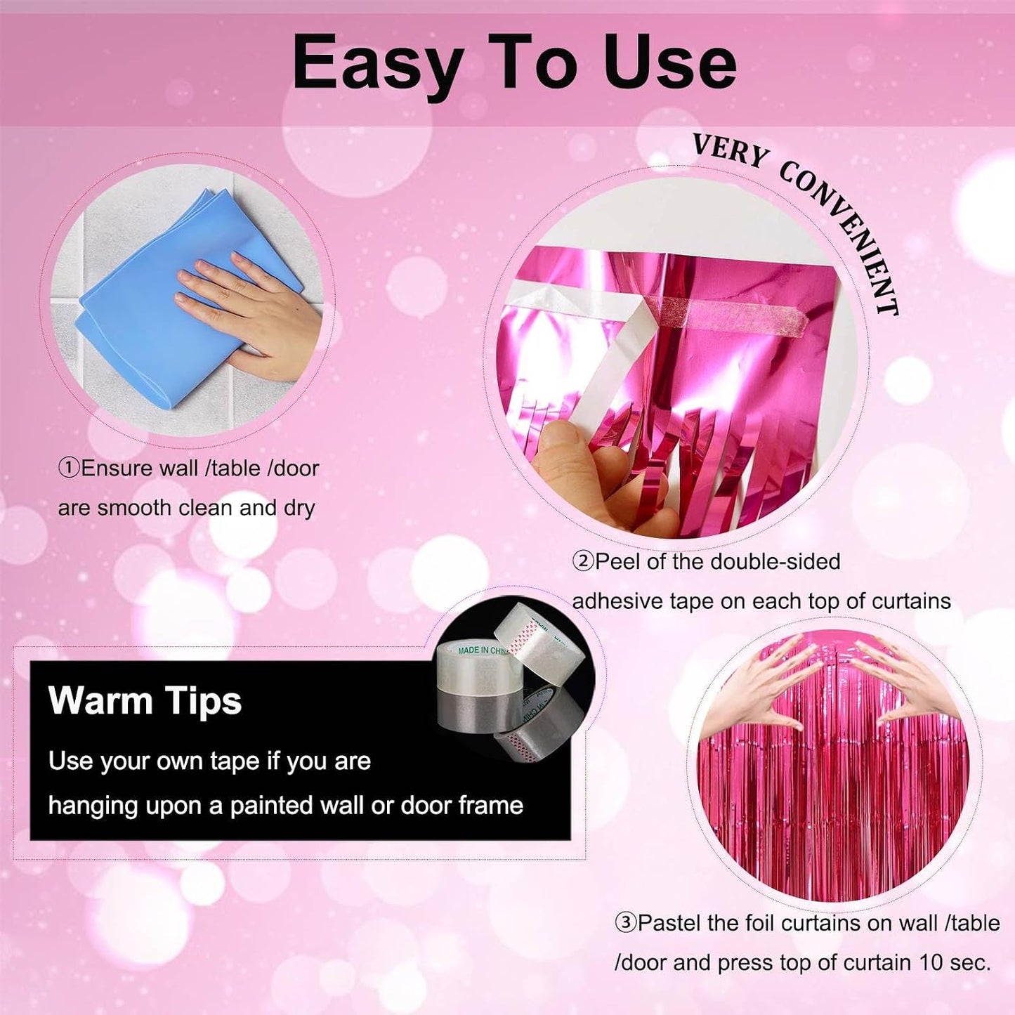 Valentine's Day Party Decorations, 3 Pack 3.2x8.2ft Hot Pink Metallic Foil Fringe Curtain Streamer Backdrop for Bachelorette Birthday Party Supplies