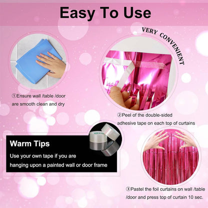 Valentine's Day Party Decorations, 3 Pack 3.2x8.2ft Hot Pink Metallic Foil Fringe Curtain Streamer Backdrop for Bachelorette Birthday Party Supplies