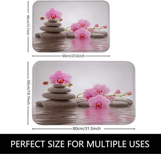 Zen Orchid Quick Dry Bath Mat, Elegant Peach Floral Stones Absorbent Non Slip Shower Mat, Modern Flannel Washable Bath Rugs for Bathroom Toilet Restroom Decorative 20x32 Inch