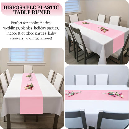 Light Pink Plastic Table Runner Disposable, 16 Pack 14 x 108 inch, Water Resistant Table Runner for Wedding, Birthday, Party, Baby Shower, Home Table Decoration