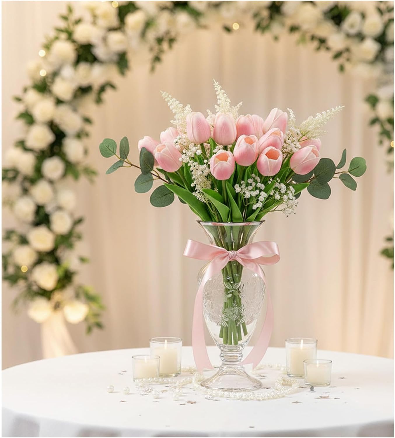 18pcs Artificial Tulips 13" PU Artificial Flowers for Family Friends Gifts DIY Flower Arrangement Home Kitchen Office Party Wedding Dining Table Decoration, Light Pink
