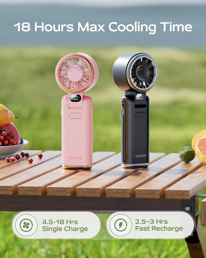SWEETFULL Portable Handheld Turbo Fan - Portable Fans Rechargeable, 5000mAh, 180° Adjustable, 5 Speed Wind, Digital Display Electric Personal Hand Fan Quiet, Travel Essentials, Beach Vacation (Pink)