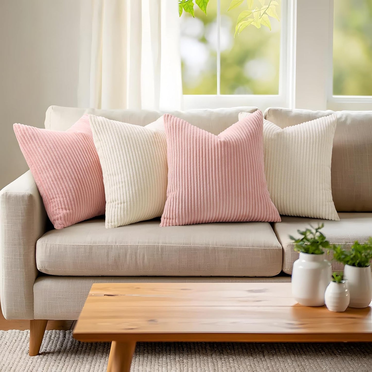 Mecatny Corduroy Summer Decorative Throw Pillow Covers 18x18 Set of 2 for Sofa Living Room, Soft Neutral Boho Couch Pillow Covers for Home Decor, Pink