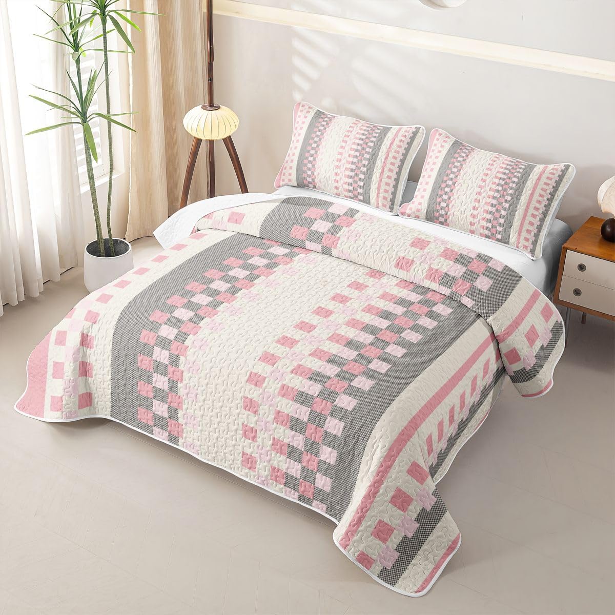 Erosebridal Girls Pink Plaid Twin Quilt Set for Summer Pink Grey Checkered Lightweight Bedspread for Kids Adults Geometric Stripes Grid Coverlet Checkerboard Aesthetic Quilted Comforter 2 Pieces