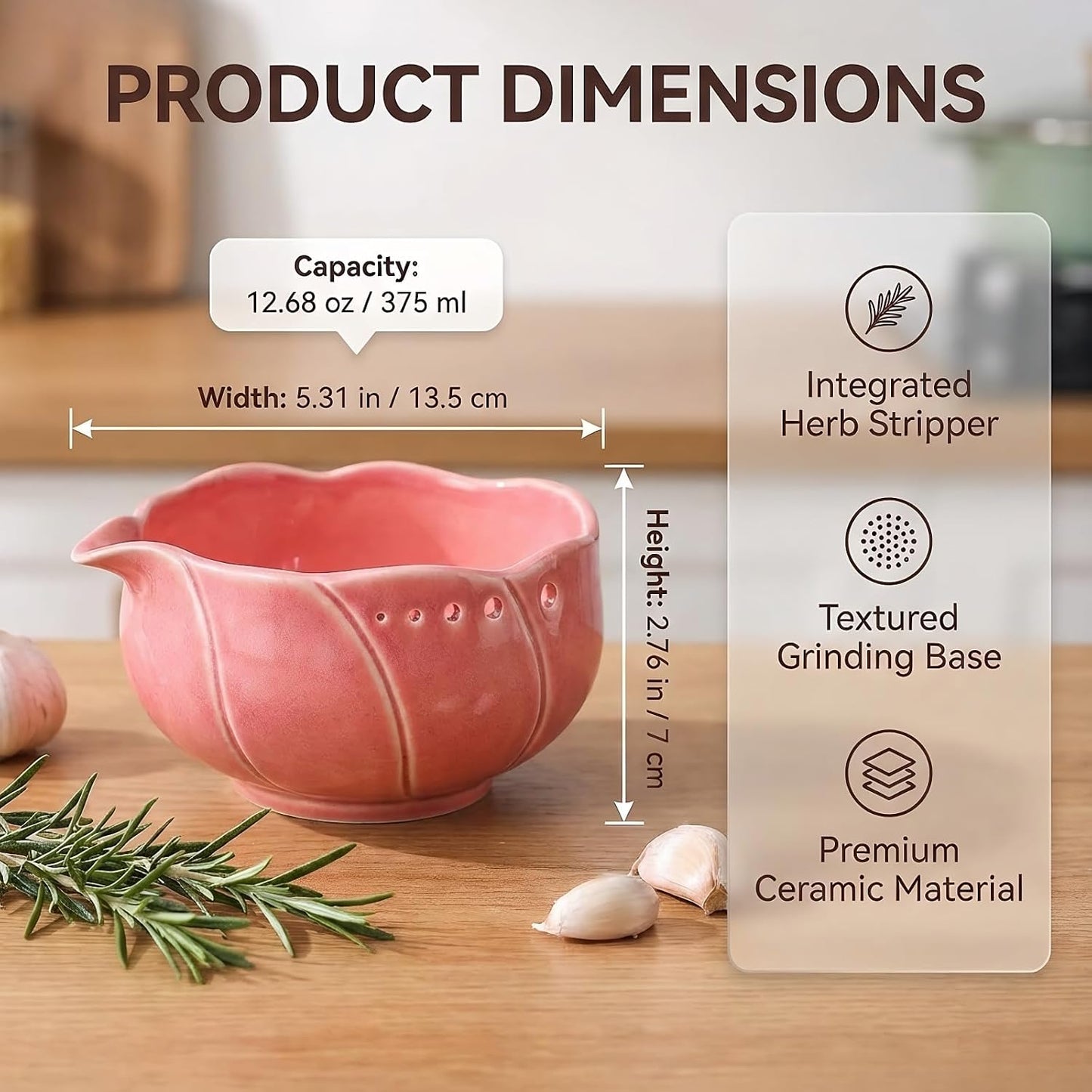 Handmade Pottery Herb Stripper Bowl with Garlic Grater Plate, Multi-functional Kitchen Tools, for Ginger, Garlic & Herbs, Suitable for Peeling Off The Leafy of Cilantro, Rosemary et (Pink)