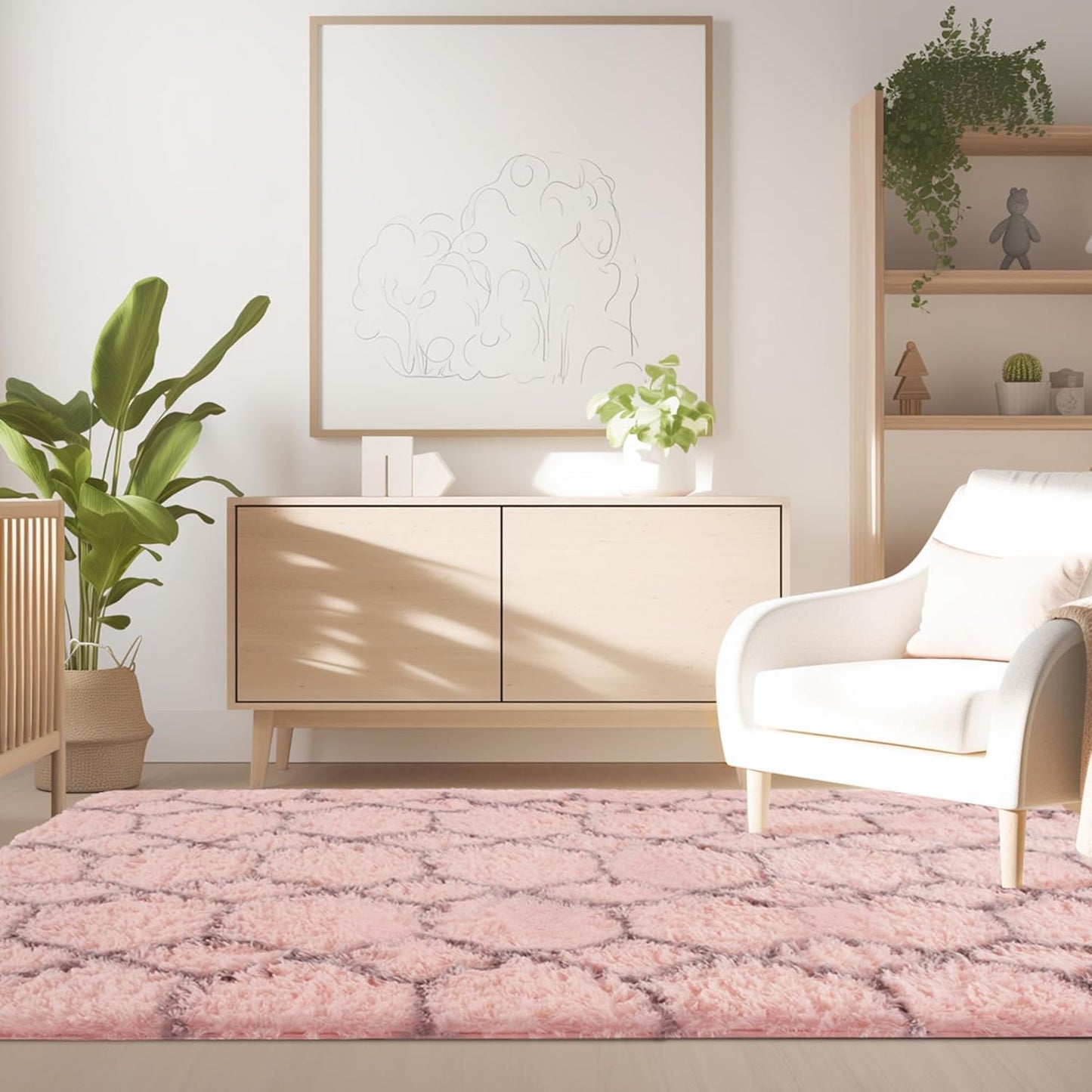 6x9 Pink Area Rugs for Living Room Bedroom, Washable Large Fluffy Throw Rug, Geometric Soft Plush Shaggy Floor Carpet for Nursery Kids Girls Boys Teen Dorm Home Decor Aesthetic, Pink/Grey
