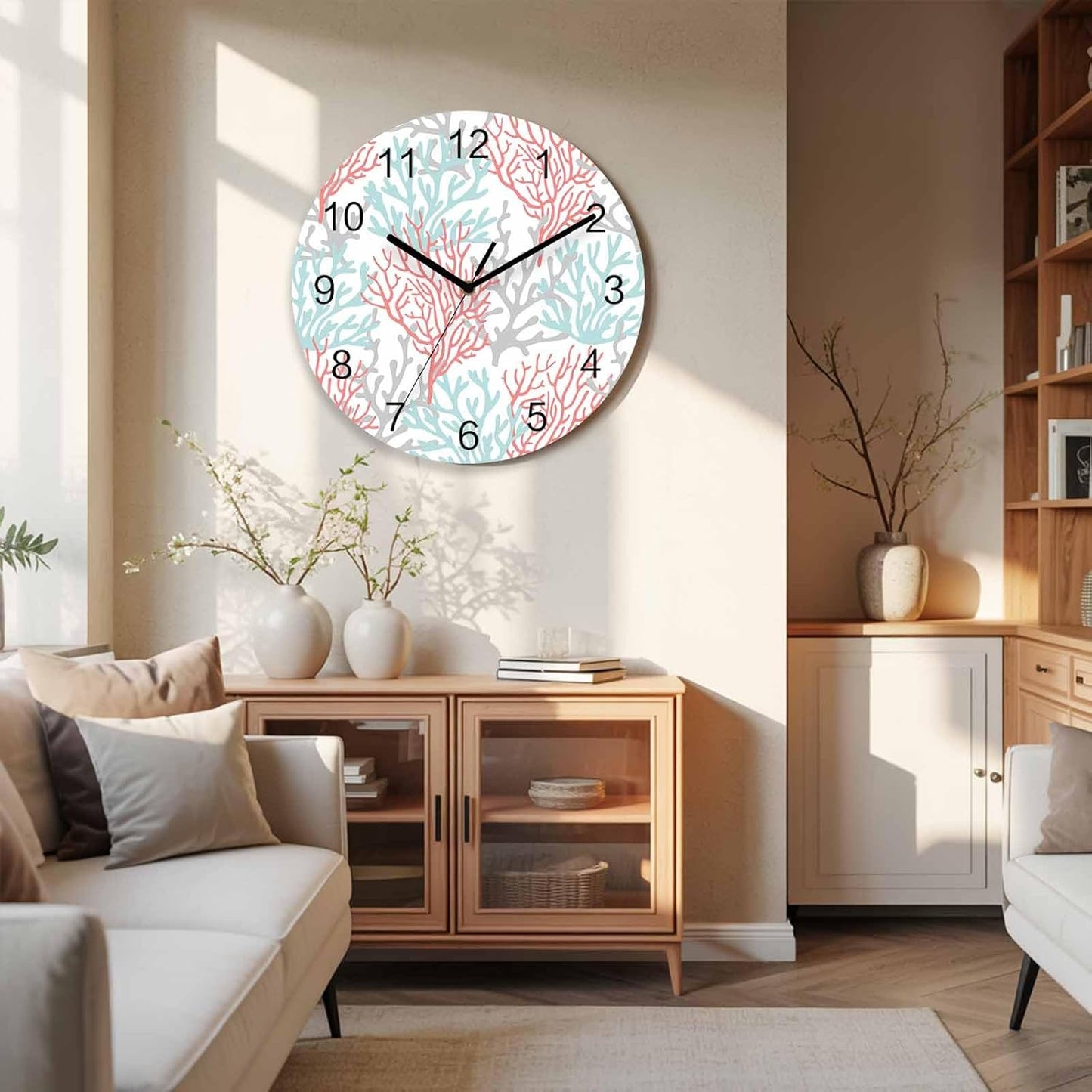 Summer Gradient Pink Teal Ocean Coral Sea Wall Clock Battery Operated Non-Ticking 10" Round Wood Clocks, Kitchen Wall Clock for School Bathroom Living Room Home Office Wall Decor
