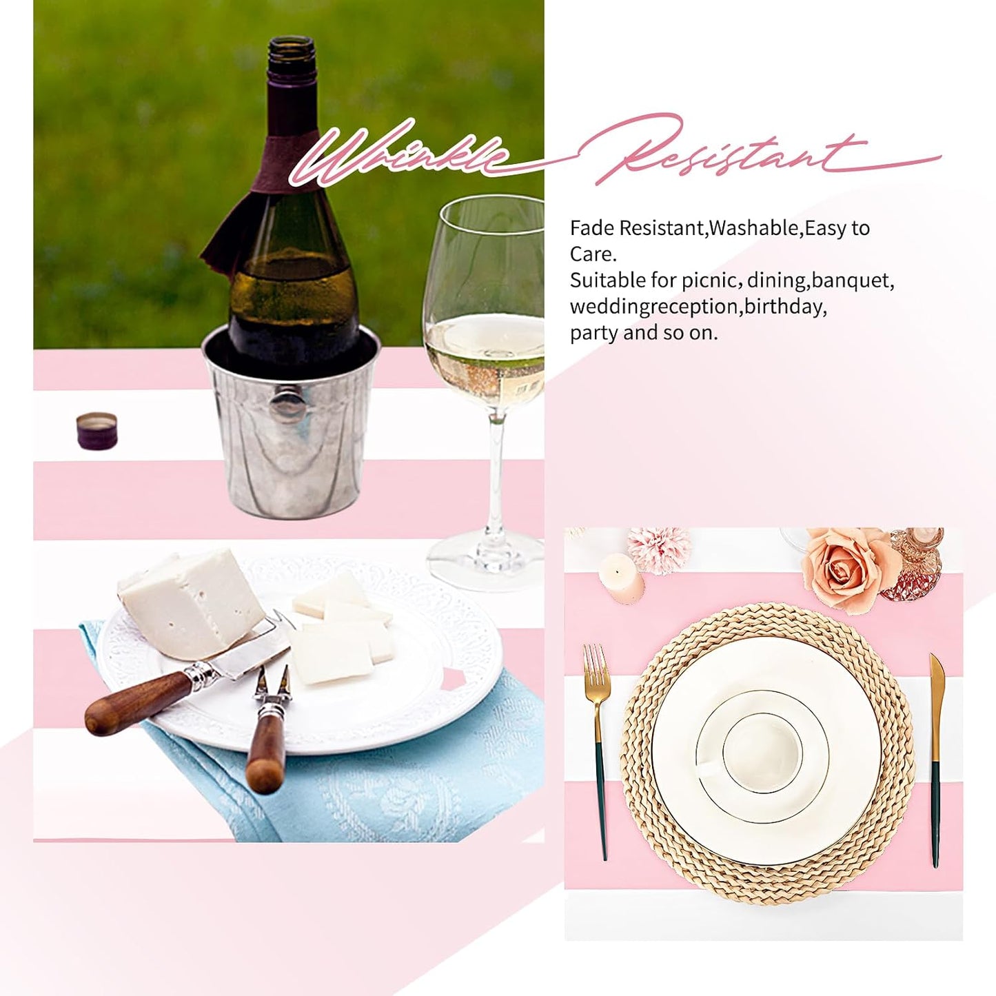 2 Pack Pink and White Striped Tablecloth Rectangle 60x84inch Polyester Fabric Washable Table Cloth for Afternoon Tea Birthday Party Picnic Barbecue Gathering Indoor Outdoor Dining Table Decor