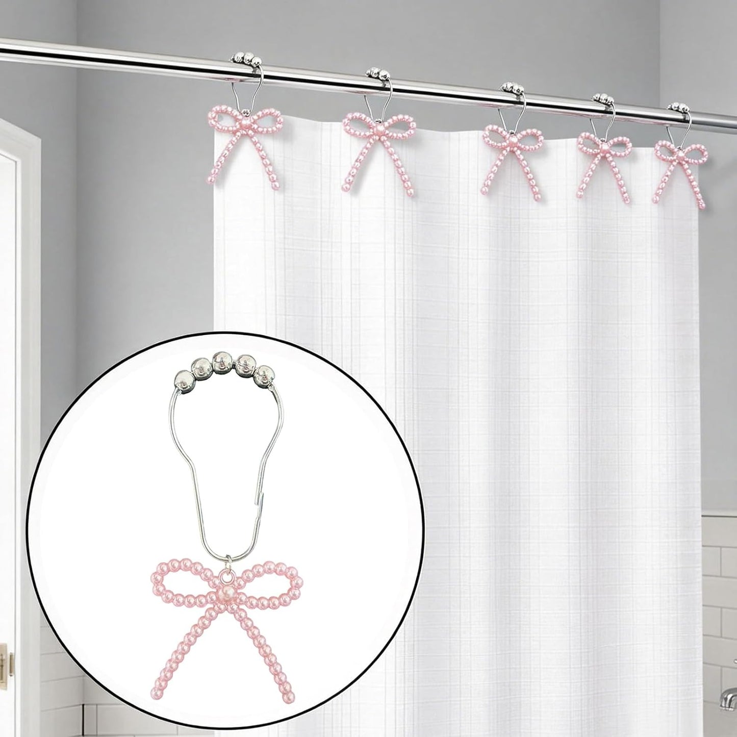 Shower Curtain Hooks Pink, 12 Pack Pink Shower Curtain Hooks with Cute Bow Charms, Cute Shower Hooks Bows for Girl Shower Curtain Decor, Aesthetic Shower Hooks for Bathroom