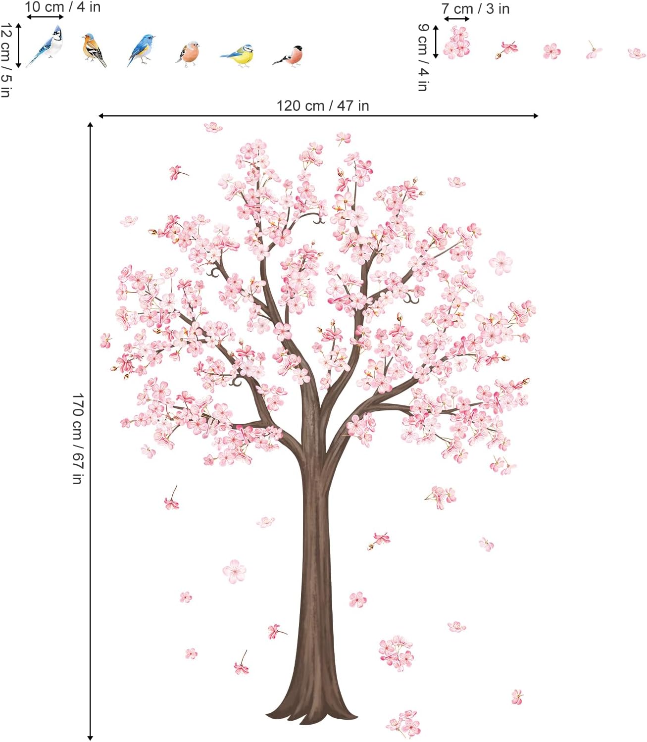 decalmile Large Pink Blossom Tree Wall Decals Flower Birds Branch Wall Stickers Living Room Bedroom Baby Nursery Wall Decor（H:128cm/50 Inches）