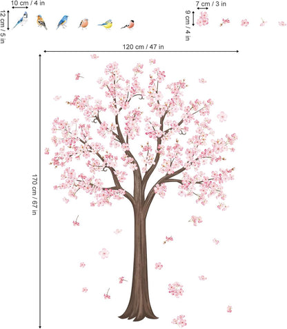 decalmile Large Pink Blossom Tree Wall Decals Flower Birds Branch Wall Stickers Living Room Bedroom Baby Nursery Wall Decor（H:128cm/50 Inches）