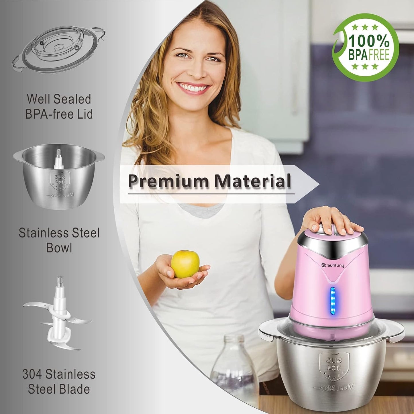 Food Processor Cordless Meat Garlic Chopper with 5 Cup Stainless Steel Bowl, 6000mAh USB Rechargeable Electric Vegetable Chopper BPA-free Baby Food Processor Blender Mini Kitchen Mixer, 4 Blades(Pink)