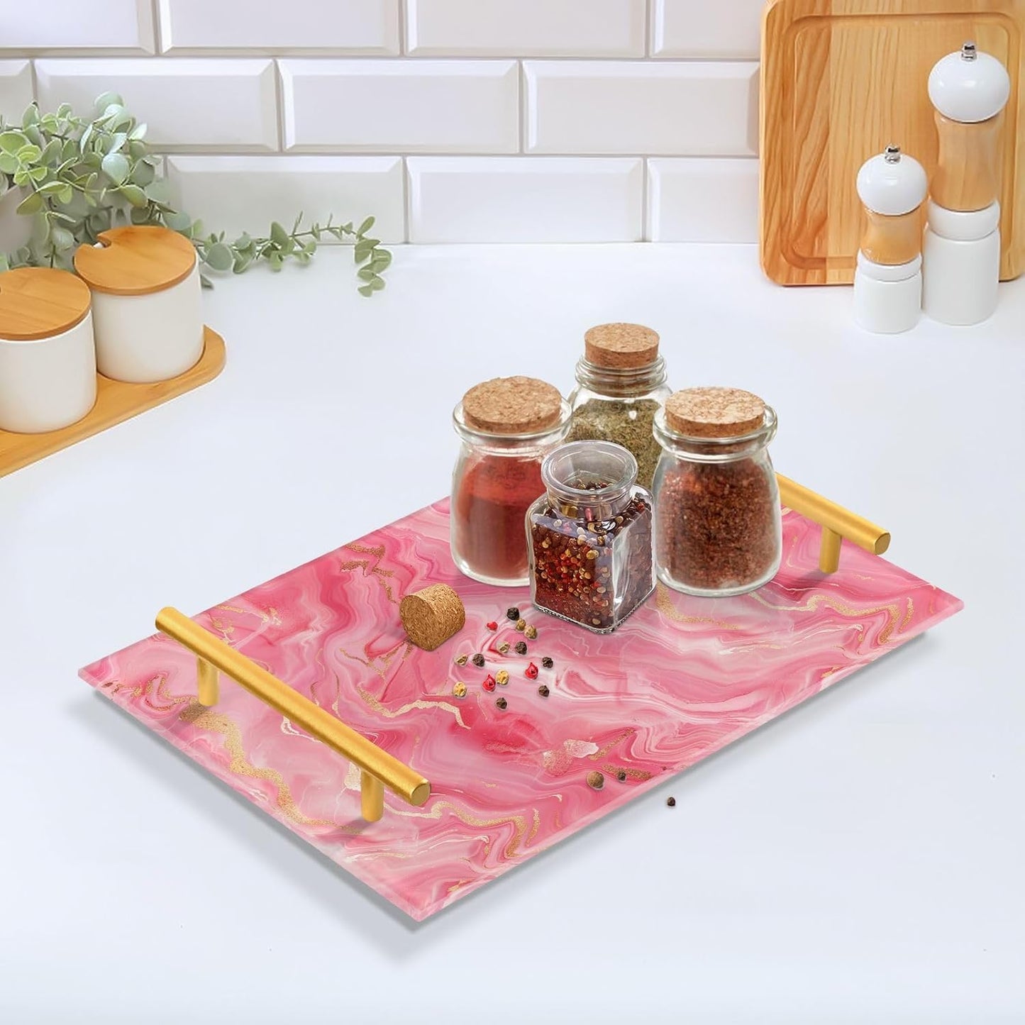Peach Marble Decorative Acrylic Acrylic Tray with Handles Decorative Serving Trays for Jewelry Perfume for Room Service bandeja Blanca para servir