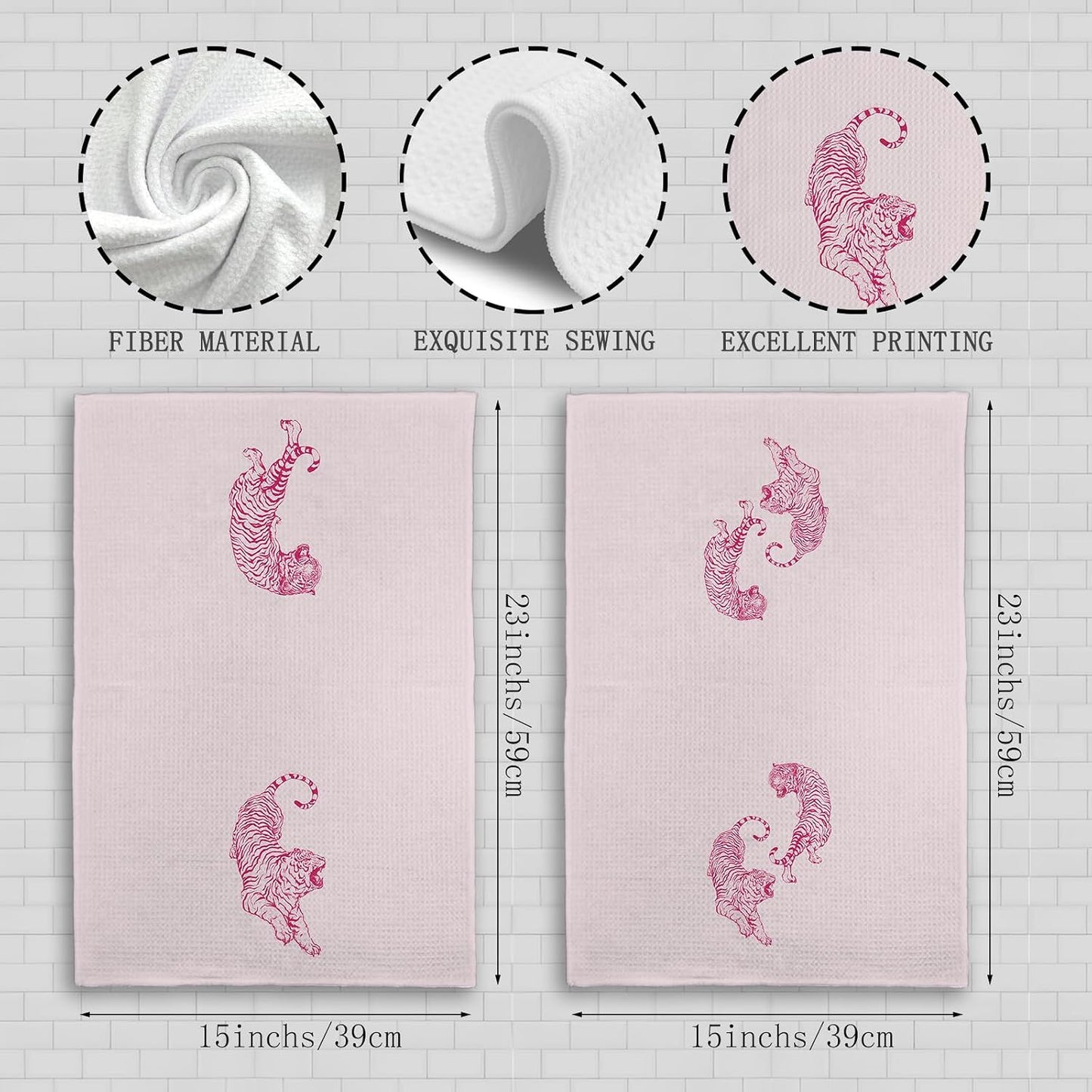 Preppy Pink Tiger Kitchen Towels, Coquette Trendy Tigers Kitchen Towels Decorative Set of 2, Preppy Room Decor, Tiger Decor, Retro Western Tiger Hand Dish Tea Towels for College Dorm 16X24In