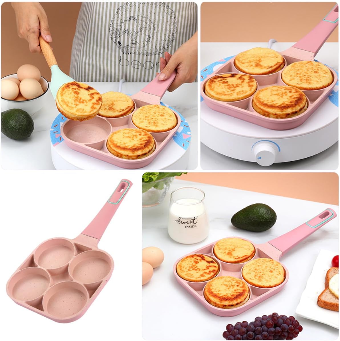 SHINEOFI Non-stick Breakfast Skillet Pan Aluminium Alloy Nonstick Egg Cooker with Groove Design for Easy Cleaning and Cooking Small Flat Frying Pan for Omelettes and Pancakes Pink