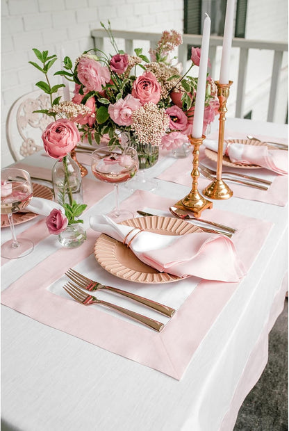 Solino Home 100% Pure Linen Placemats, Set of 4 - 14 x 19 Inch Blush Pink & White Table Mats - Contempo - Handcrafted European Flax, Machine Washable - Ideal for Summer