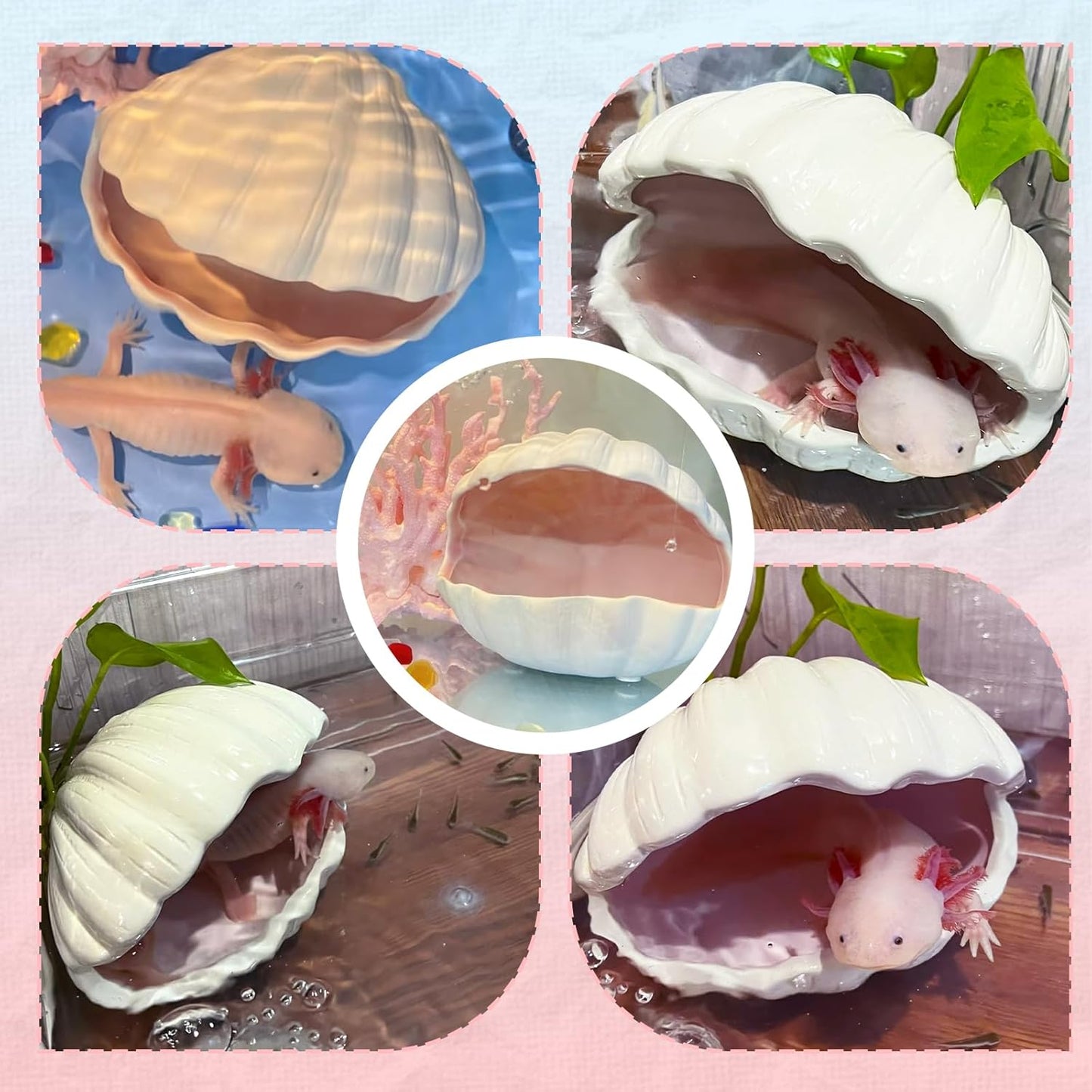 Axolotl Hide Shell Shape Ceramic Fish Tank Cave, Double Sided Glaze, Fish Tank Decor Shelter for Small Pet Frog Fish Betta (Extra Large, Pink)