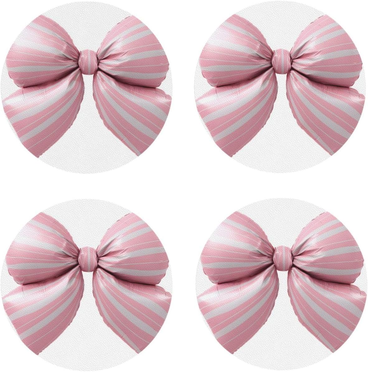Light Pink Bow Balloon Candy Stripe Pattern Drinks Coasters Set of 4 Leather Drink Coasters for Tabletop Protection Heat Resistant Bar Cup Mat Pad