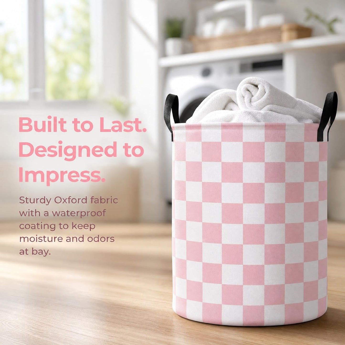 Boys Checkered Laundry Basket Collapsible Baby Gift Hamper Girls Canvas Toy Organizer Bins Kids Car Nursery Room Decor (Pink)