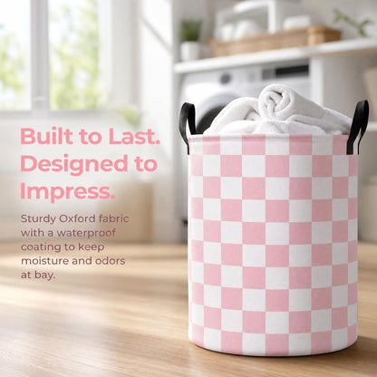 Boys Checkered Laundry Basket Collapsible Baby Gift Hamper Girls Canvas Toy Organizer Bins Kids Car Nursery Room Decor (Pink)