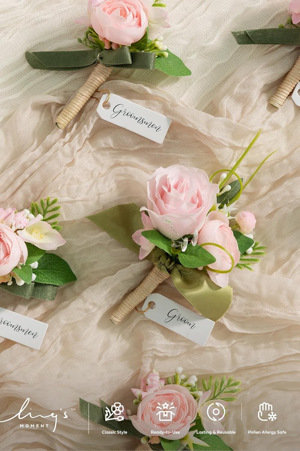 Ling's moment Boutonniere for Men, 6pcs Groom Groomsmen Boutonniere, Artificial Flowers for Wedding Decor/Prom/Homecoming, etc.Blush Pink