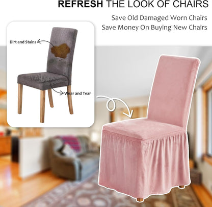 NICEEC Spandex Chair Covers for Dining Chairs Covers Set of 2 Removable Dining Room Chair Covers with Skirt Parson Chair Slipcovers Washable Chair Protector for Kitchen Wedding Banquet(Pink)