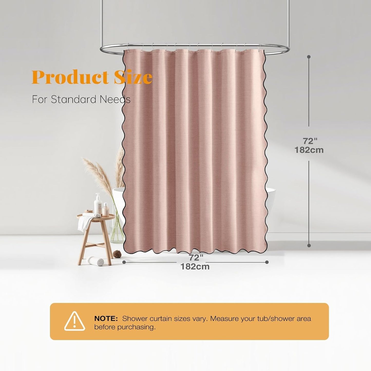 BTTN Blush Pink Scalloped Shower Curtain, Boho Linen Textured Heavy Duty Fabric Shower Curtain Set with 12 Plastic Hooks, Modern Cute Waterproof Shower Curtains with Black Edge for Bathroom, 72x72