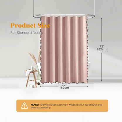 BTTN Blush Pink Scalloped Shower Curtain, Boho Linen Textured Heavy Duty Fabric Shower Curtain Set with 12 Plastic Hooks, Modern Cute Waterproof Shower Curtains with Black Edge for Bathroom, 72x72