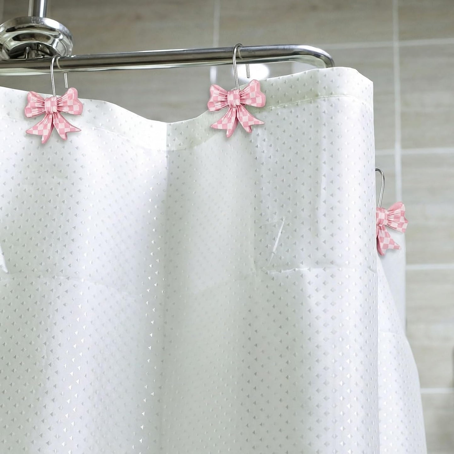 Sliner 12 Pcs Bow Shape Shower Curtain Hooks, Gingham Checkered Pattern Bowknot Curtain Rings with Rust-Proof Finish, Decorative Hooks for Bathroom Window Drapes, Cute Home Decor(Pink,White)