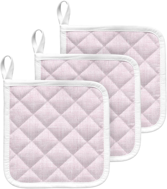 Light Pink Pot Holders for Kitchen, Farmhouse Vintage Pink Solid Color Modern Pot Holder with Loop Trivet Heat Insulation Oven Mitts Hot Pads, Washable Potholders for Cooking Baking 3 Pack