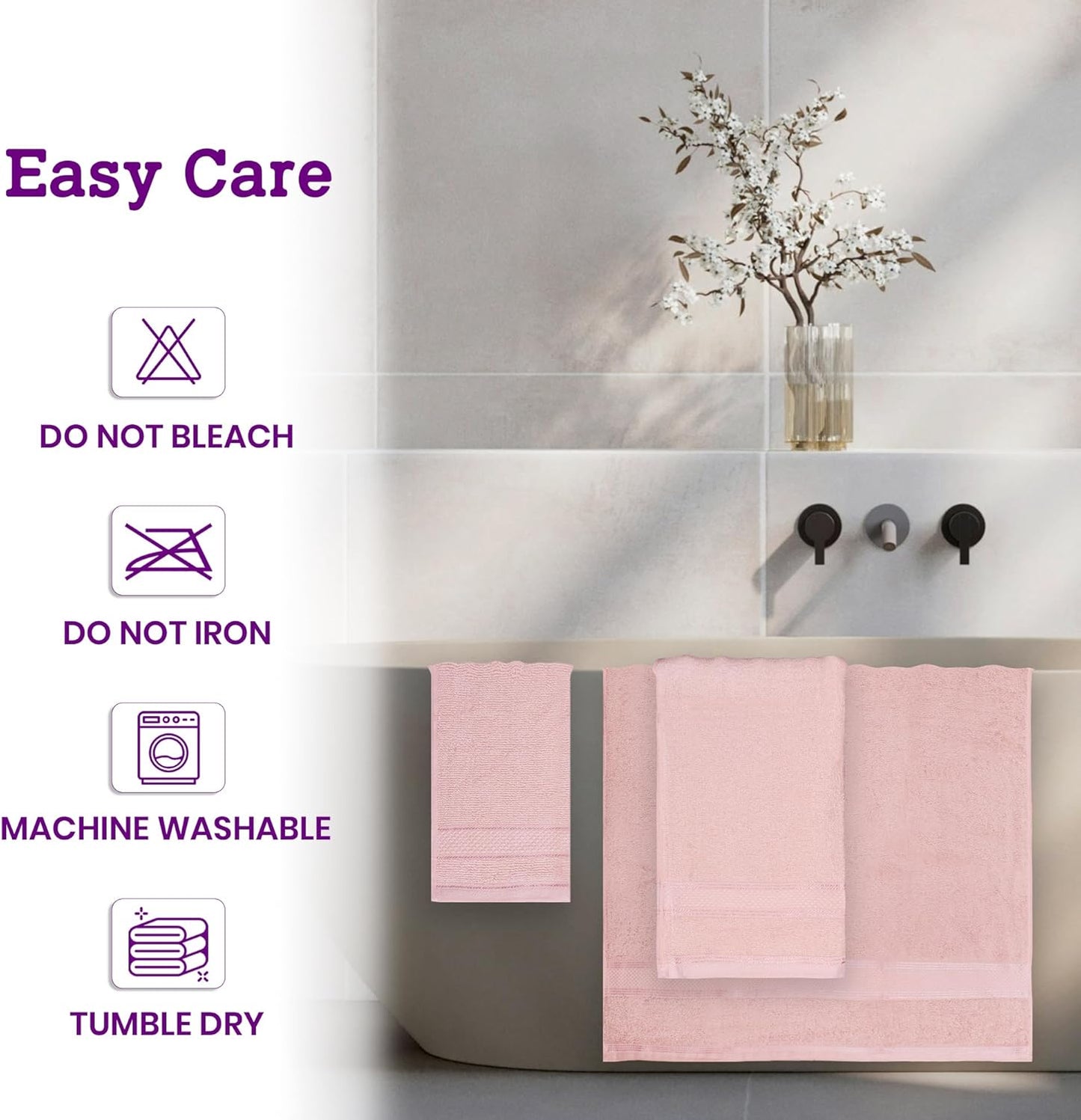 Casa Lino 100% Cotton Bath Towels Set of 4 (1 Bath Towel, 1 Hand Towel & 2 Wash Cloths) - Bathroom Towels and Washcloths Set - Complete Bathroom Set - Guest Room Essentials - (Blush Pink)