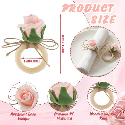 Flower Napkin Rings Set of 12 Wooden Pink Rose Handmade Napkin Holders for Wedding Mother's Day Birthday Dinner luncheons Picnics Banquet