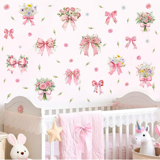 Pink Bows Wall Decor Vinyl Stickers Watercolor Flowers Bow Decorations for Girls Room Wall Decals Peel and Stick Bouquet Spring Floral Window Sticker Coquette Art Decal for Baby Girls Bedroom Nursery