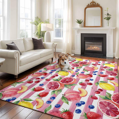 5x8ft Washable Area Rug,Fluffy Large Carpet Summer Peach Lemon Grapefruit Soft Indoor Rugs Non-Slip Accent Floor Mat for Living Room Bedroom Office Decor,Blueberry Strawberry Pink Stripe