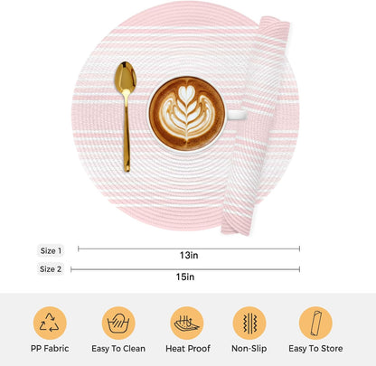 Pink Striped Round Placemats Set of 4 for Dinning Tables,Heat-proof Braided Table Mats 15 Inch,Pink Ombre Farmhouse Stripes Washable Place Mat for Kitchen Restaurant Party Decor Supplies Table Setting