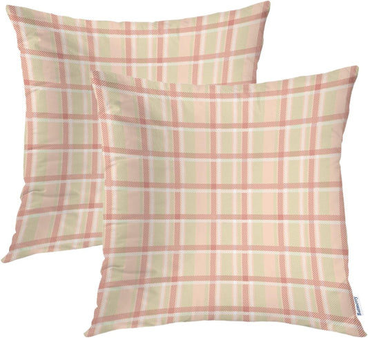 Batmerry Pastel Coral Peach Throw Pillow Covers, Pink Tartan Plaid Abstract Apricot Decorative Pillow Covers Digital Printing Blended Fabric for Couch Sofa Bed Invisible Zipper 24X24 in(Set of 2)
