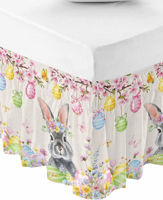 Easter Rabbits Bed Skirt Full/Queen Size Bed Skirting 16 Inch Drop Adjustable Elastic Dust Ruffles Wrap Around Bedskirt Pleated Weeping Pink Peach Eggs Vintage Beige Spring Bedding Frame Cover for