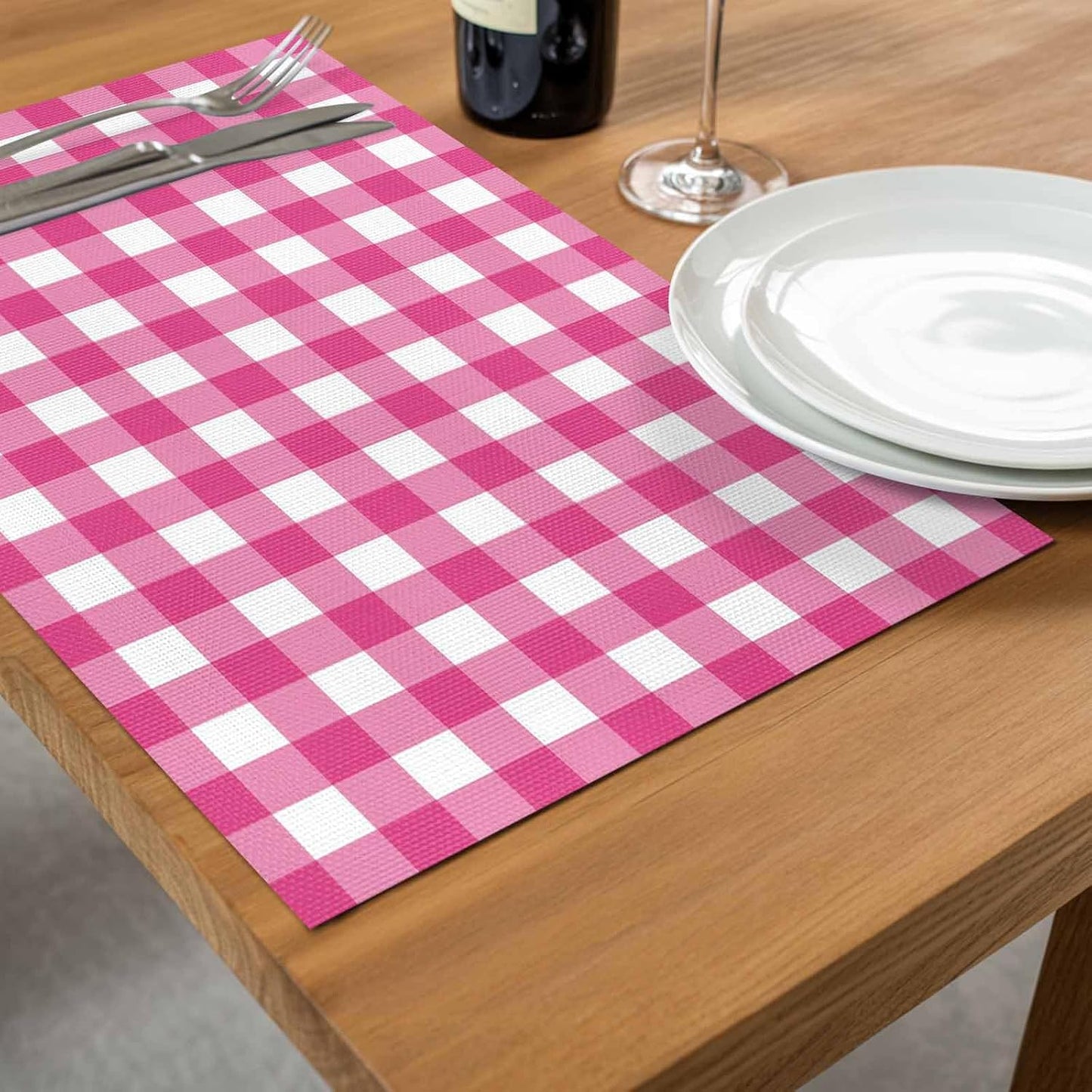 Peach Pink Checked Placemats Set of 4, Washable PVC Kitchen Table Mats Place Mats, Farmhouse Buffalo Plaid Country Grid Woven Vinyl Placemat for Dining Table, 13" x 19"
