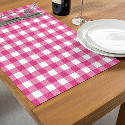 Peach Pink Checked Placemats Set of 4, Washable PVC Kitchen Table Mats Place Mats, Farmhouse Buffalo Plaid Country Grid Woven Vinyl Placemat for Dining Table, 13" x 19"