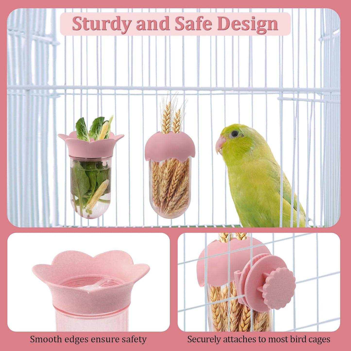 2 PCS Bird Cage Vegetable Feeder, Bird Food Dispenser with Water Storage Design to Keep Vegetables Fresh, Hanging Birds Feeder, Parakeet Cage Accessories for Cockatiel & Small Birds (Pink)