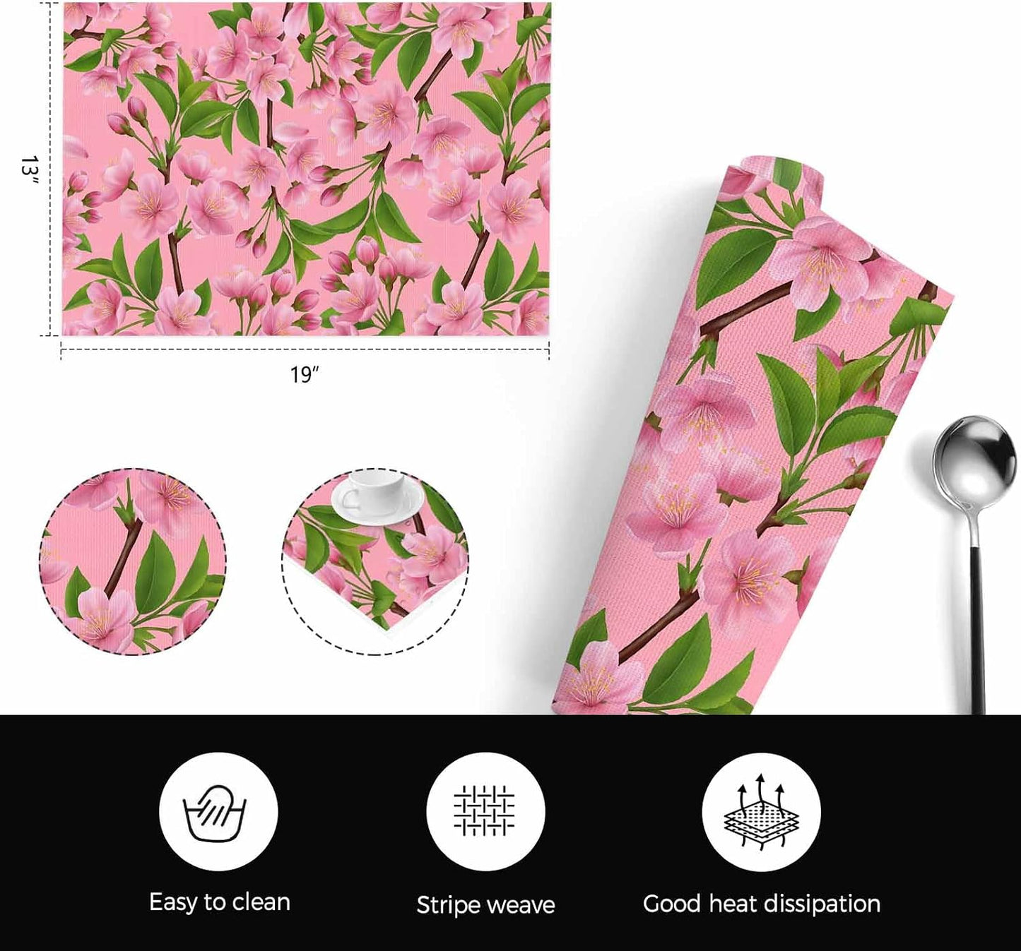 Pink Peach Flowers Placemats Set of 6, Washable PVC Kitchen Table Mats Place Mats, Spring Botanical Watercolor Floral Leaf Woven Vinyl Placemat for Dining Table, 13" x 19"