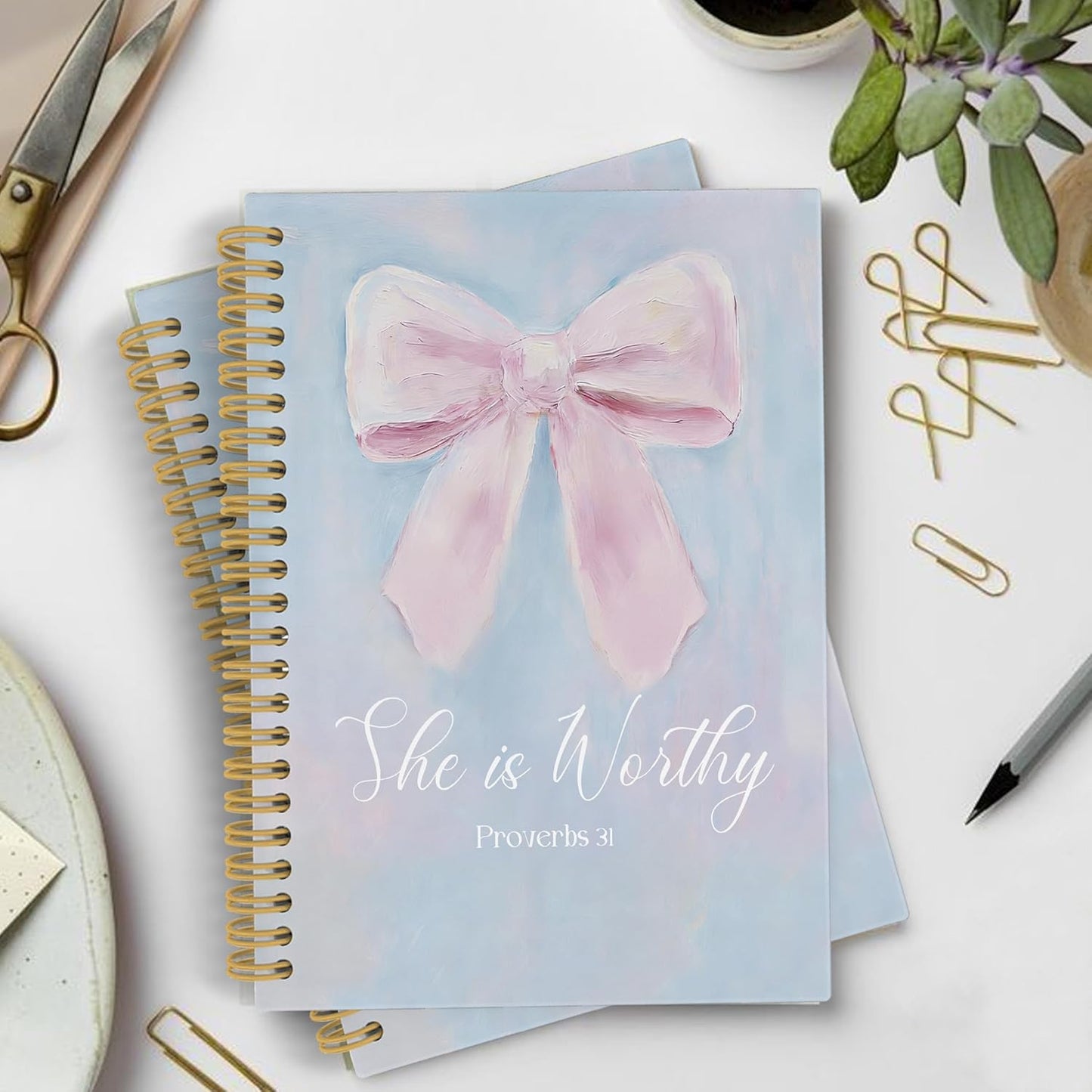 YLZlhb Pink Coquette Bow Christian Spiral Notebook Journal, Pastel Preppy Bible Notebooks for Note Taking, Christian Gifts for Women, She Is Worthy Religious Hardcover Spiral Journal 5.5x8.3 Inches